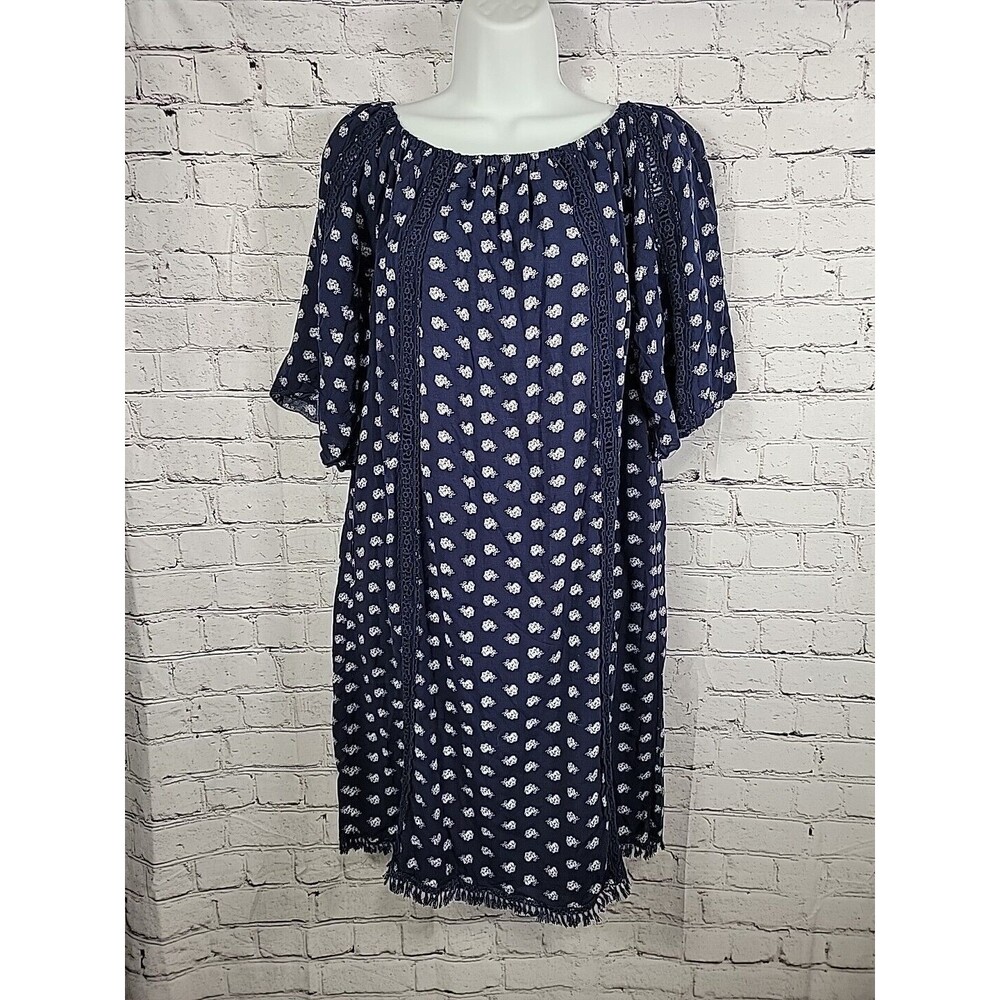 Susan Betro Tunic Dress Size M Blue W/ White Roses Crocheted Detail Knee Legnth